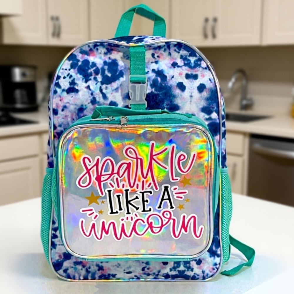 Girls 2pc Tie-Dye Backpack Set w/ Holographic Lunch Bag – 16”